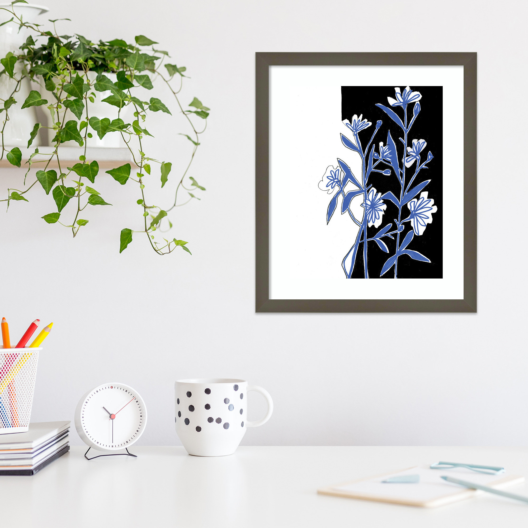 Red Barrel Studio® Black White And Blue Floral By Teju Reval Framed